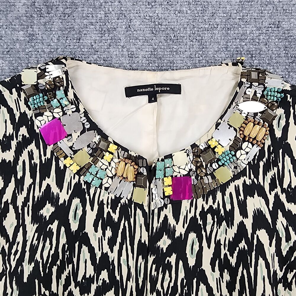 Nanette Lepore Jacket Womens 4 Black White Tribal Linen Blend 3/4 Sleeve Gems - Picture 8 of 16